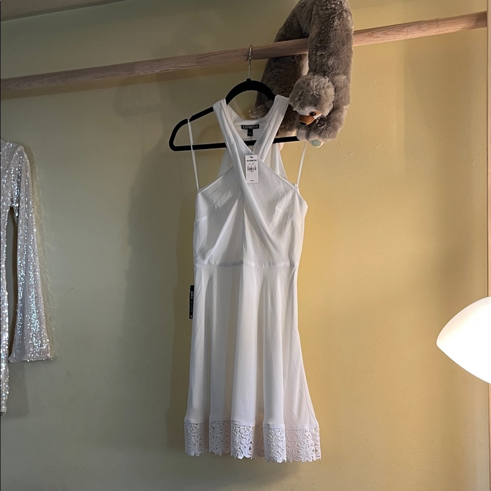 Express White Dress sleeveless- very soft halter-ish, eye catching lacy hemline.